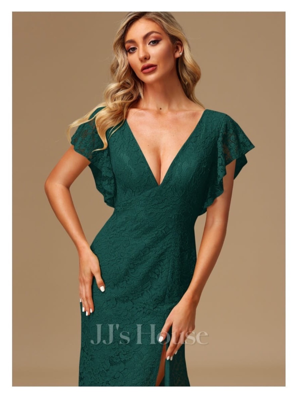 JJs House Emerald Green Lace V-Neck Flutter Sleeve Dress